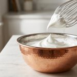 Glossy, stiff-peaked whipped egg whites in a hand-hammered copper bowl on a marble countertop, with a wire whisk lifted to reveal a sharp peak of meringue.
