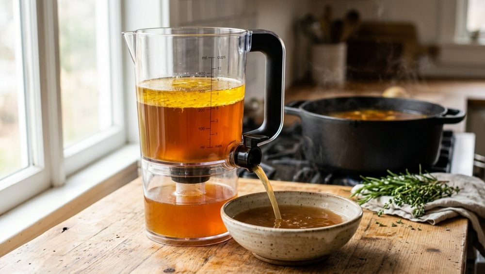 **Alt text:** A clear fat separator on a sunlit wooden counter, draining amber broth into a ceramic bowl while golden oil sits separated at the top.