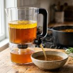 **Alt text:** A clear fat separator on a sunlit wooden counter, draining amber broth into a ceramic bowl while golden oil sits separated at the top.