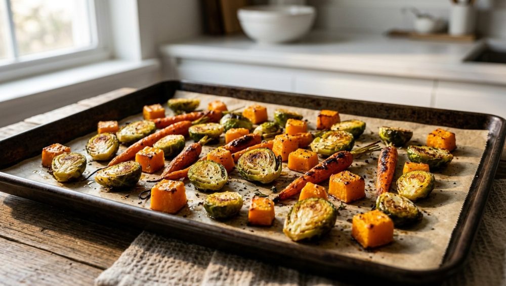 **Alt text:** Close-up of crispy, caramelized roasted Brussels sprouts, baby carrots, and butternut squash spaced evenly on a parchment-lined baking sheet.