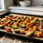 **Alt text:** Close-up of crispy, caramelized roasted Brussels sprouts, baby carrots, and butternut squash spaced evenly on a parchment-lined baking sheet.