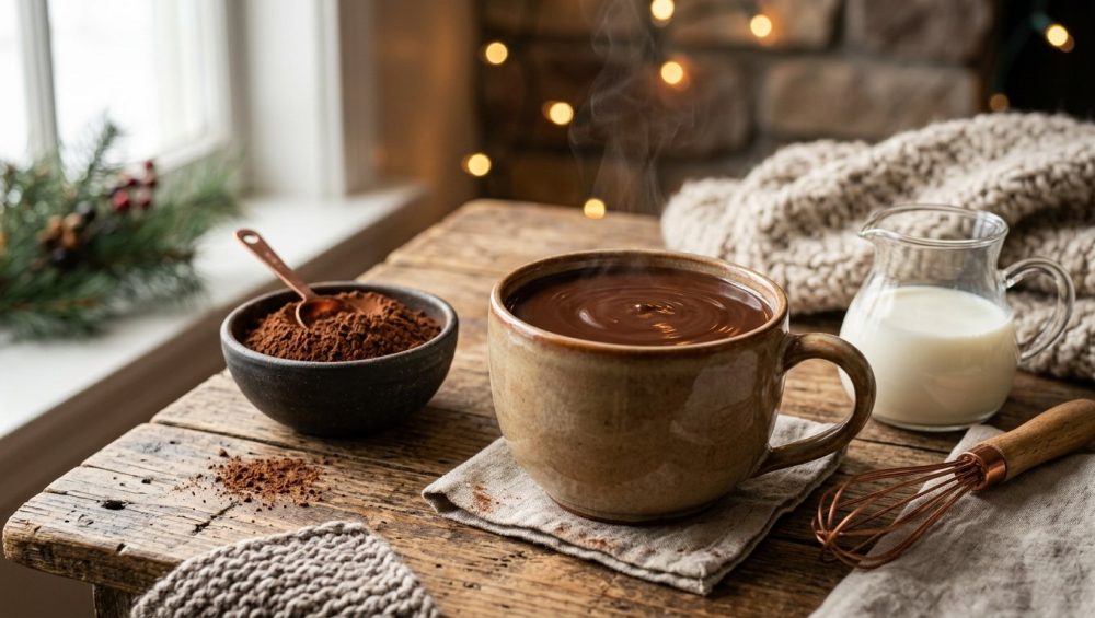 **Alt text:** A steaming ceramic mug of rich, glossy hot chocolate on a rustic wooden table, surrounded by a bowl of cocoa powder, a copper whisk, and a milk pitcher, with warm holiday lights softly blurred in the background.
