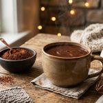**Alt text:** A steaming ceramic mug of rich, glossy hot chocolate on a rustic wooden table, surrounded by a bowl of cocoa powder, a copper whisk, and a milk pitcher, with warm holiday lights softly blurred in the background.
