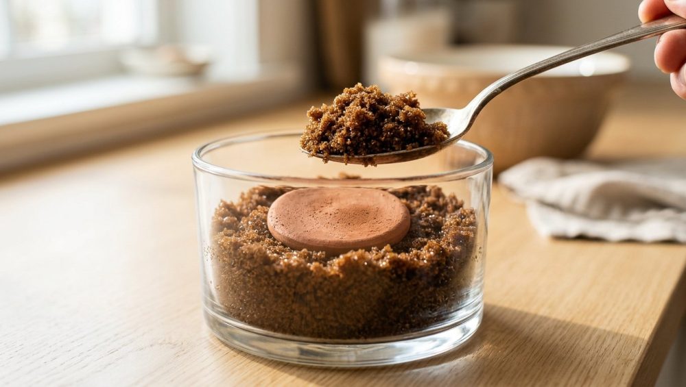 **Alt text:** A glass jar of moist dark brown sugar containing a small terracotta sugar saver, with a silver spoon scooping a fluffy portion on a sunlit white-oak countertop.