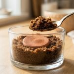 **Alt text:** A glass jar of moist dark brown sugar containing a small terracotta sugar saver, with a silver spoon scooping a fluffy portion on a sunlit white-oak countertop.