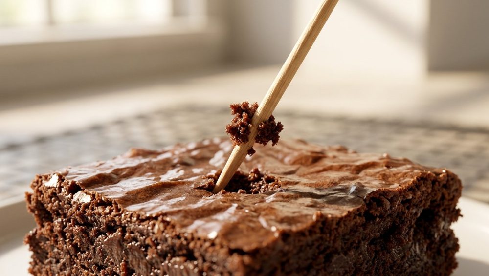 **Alt text:** An extreme close-up of a wooden toothpick being lifted out of a fudgy chocolate brownie, with a few moist crumbs clinging to its center. The brownie features a shiny, crinkled crust and a dense interior.