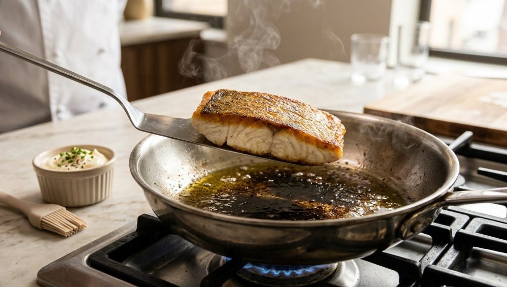 **Alt Text:** A close-up of a thick fish fillet with a perfectly seared, golden-brown crust being lifted from a hot stainless steel skillet with a metal spatula. Soft steam rises from the pan against a blurry kitchen background.