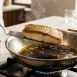 **Alt Text:** A close-up of a thick fish fillet with a perfectly seared, golden-brown crust being lifted from a hot stainless steel skillet with a metal spatula. Soft steam rises from the pan against a blurry kitchen background.