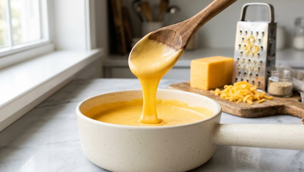 A wooden spoon lifts a smooth, velvety ribbon of glossy cheddar cheese sauce from a ceramic pan. In the soft-focus background, a block of yellow cheddar and a box grater sit on a marble countertop under bright, natural light.