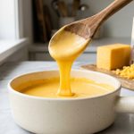 A wooden spoon lifts a smooth, velvety ribbon of glossy cheddar cheese sauce from a ceramic pan. In the soft-focus background, a block of yellow cheddar and a box grater sit on a marble countertop under bright, natural light.