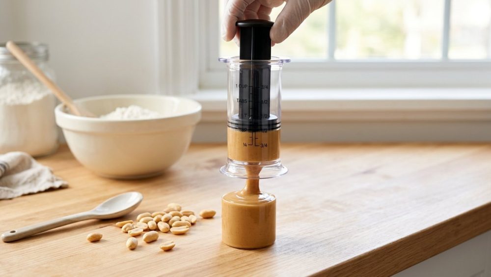 **Alt text:** A clear, plunger-style measuring cup cleanly dispensing a perfect cylinder of smooth peanut butter onto a light wooden kitchen counter, captured in bright, natural morning light with a soft-focus background.