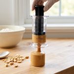 **Alt text:** A clear, plunger-style measuring cup cleanly dispensing a perfect cylinder of smooth peanut butter onto a light wooden kitchen counter, captured in bright, natural morning light with a soft-focus background.
