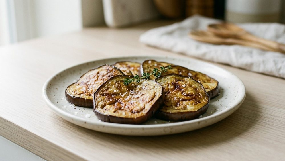 An editorial food photograph of caramelized eggplant slices on a minimalist white plate, garnished with flaky sea salt and a sprig of thyme, in soft, natural light.