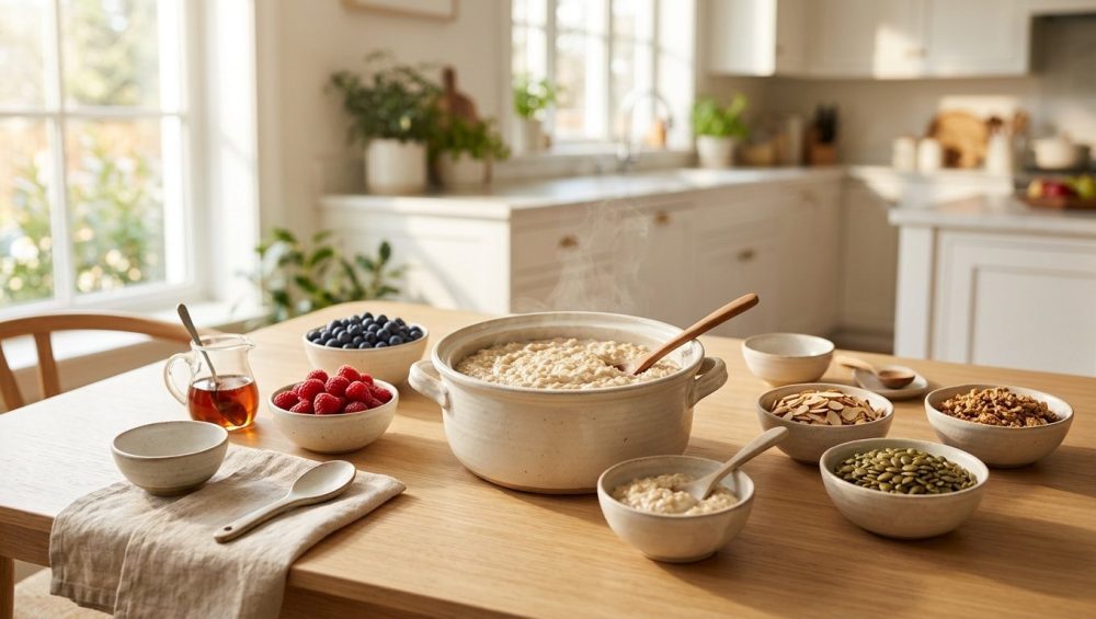 An elegant oatmeal breakfast station set on a sunlit wooden table. A central cream-colored ceramic pot of warm, creamy oatmeal is surrounded by small bowls of fresh blueberries, raspberries, sliced almonds, pumpkin seeds, and a small glass pitcher of maple syrup.
