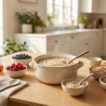 An elegant oatmeal breakfast station set on a sunlit wooden table. A central cream-colored ceramic pot of warm, creamy oatmeal is surrounded by small bowls of fresh blueberries, raspberries, sliced almonds, pumpkin seeds, and a small glass pitcher of maple syrup.