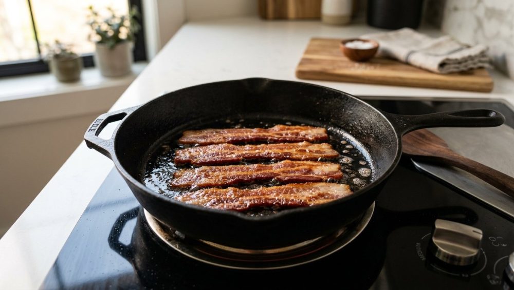 **Alt text:** A high-angle shot of thick-cut bacon cooking perfectly flat and crispy in a black cast-iron skillet, glistening under warm morning light.