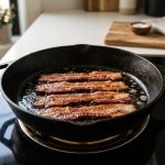 **Alt text:** A high-angle shot of thick-cut bacon cooking perfectly flat and crispy in a black cast-iron skillet, glistening under warm morning light.