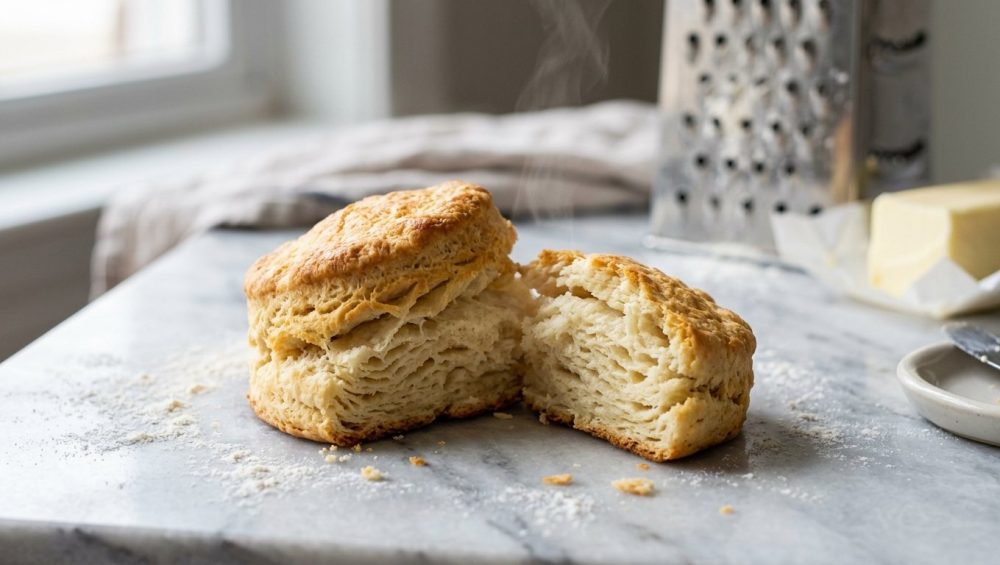 **Alt text:** A freshly baked, golden-brown buttermilk biscuit split in half to reveal flaky, paper-thin layers and a gentle wisp of steam, resting on a marble countertop with a light dusting of flour.