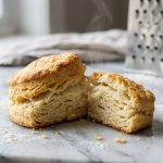 **Alt text:** A freshly baked, golden-brown buttermilk biscuit split in half to reveal flaky, paper-thin layers and a gentle wisp of steam, resting on a marble countertop with a light dusting of flour.