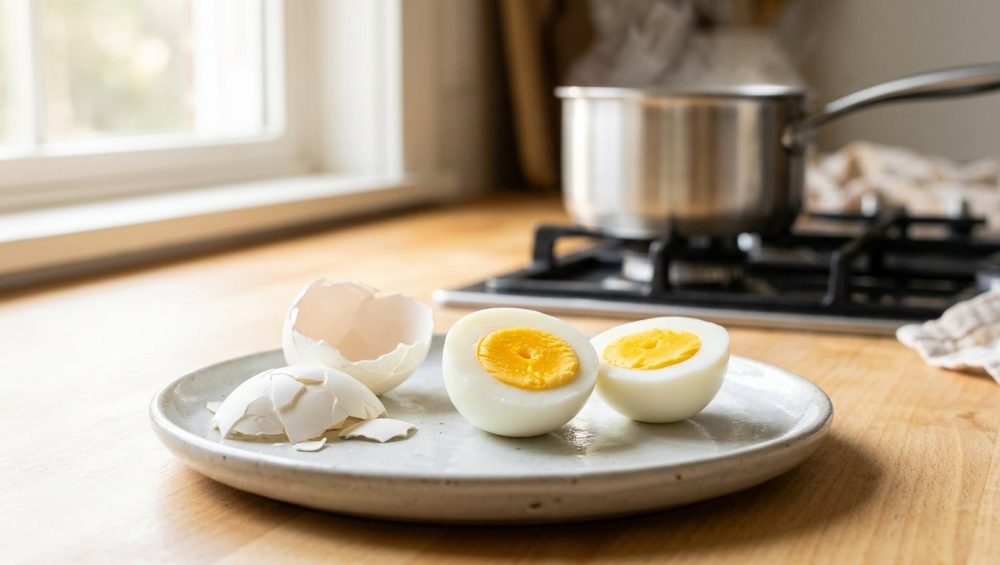**Alt Text:** A perfectly peeled hard-boiled egg sliced in half, revealing a vibrant golden yolk, on a minimalist plate next to neat eggshell pieces on a sunlit wooden countertop.