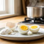 **Alt Text:** A perfectly peeled hard-boiled egg sliced in half, revealing a vibrant golden yolk, on a minimalist plate next to neat eggshell pieces on a sunlit wooden countertop.