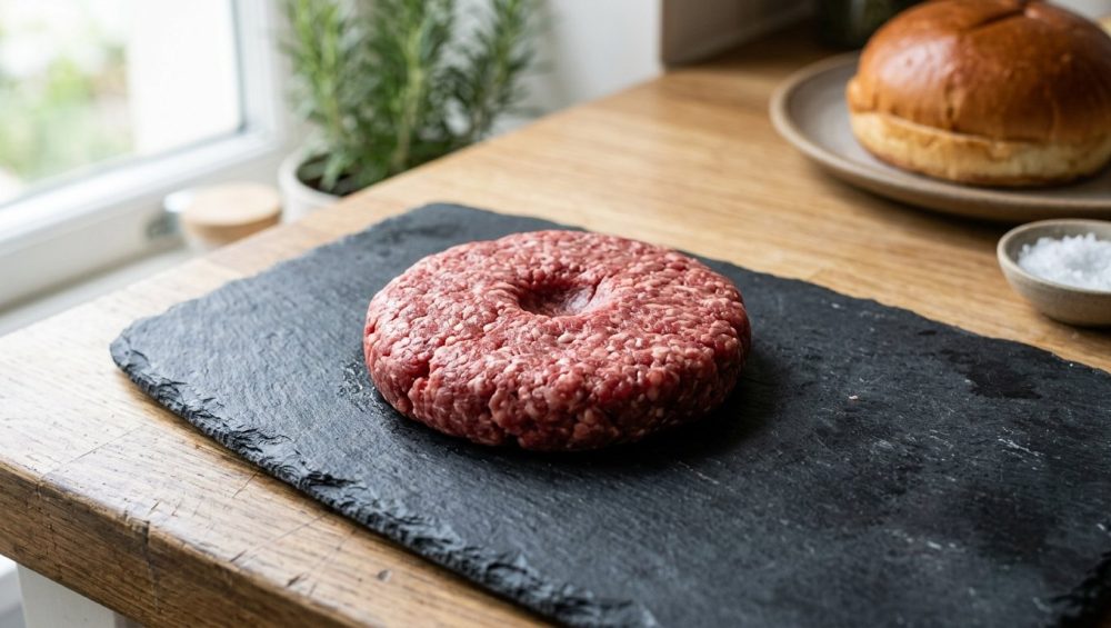 **Alt Text:** A close-up photograph of a raw ground beef burger patty with a shallow thumbprint dimple in the center, resting on a dark slate cutting board in a softly lit kitchen.