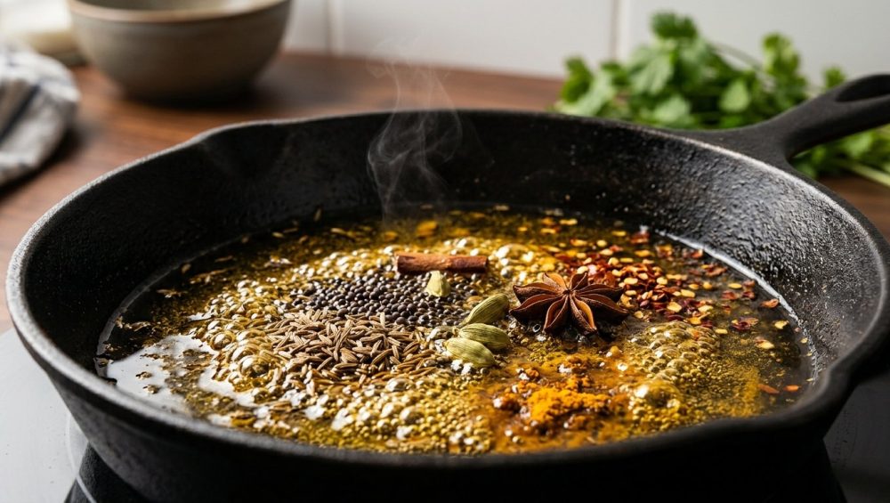 **Alt text:** Macro photograph of spices like star anise, cardamom, and chili flakes sizzling in shimmering golden oil inside a black cast iron skillet with gentle steam rising.