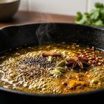 **Alt text:** Macro photograph of spices like star anise, cardamom, and chili flakes sizzling in shimmering golden oil inside a black cast iron skillet with gentle steam rising.