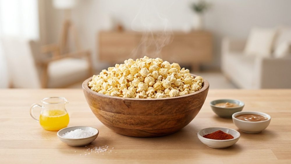 **Alt text:** A cozy, bright food photograph of a popcorn bar on a wooden counter. A large wooden bowl of fluffy, steaming popcorn is surrounded by small dishes of toppings, including melted butter, sea salt, and caramel.