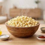 **Alt text:** A cozy, bright food photograph of a popcorn bar on a wooden counter. A large wooden bowl of fluffy, steaming popcorn is surrounded by small dishes of toppings, including melted butter, sea salt, and caramel.