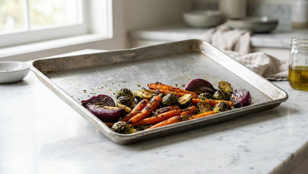 An editorial photograph of a warped aluminum baking sheet resting on a bright white marble countertop, with roasted carrots, Brussels sprouts, and red onions sliding toward its tilted, uneven corner.