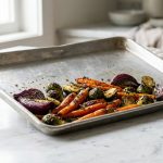 An editorial photograph of a warped aluminum baking sheet resting on a bright white marble countertop, with roasted carrots, Brussels sprouts, and red onions sliding toward its tilted, uneven corner.