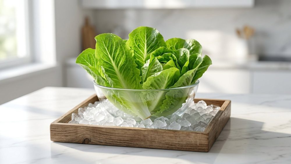 Crisp green lettuce in a clear glass bowl, nestled in a rustic wooden tray filled with crushed ice on a bright marble kitchen countertop.