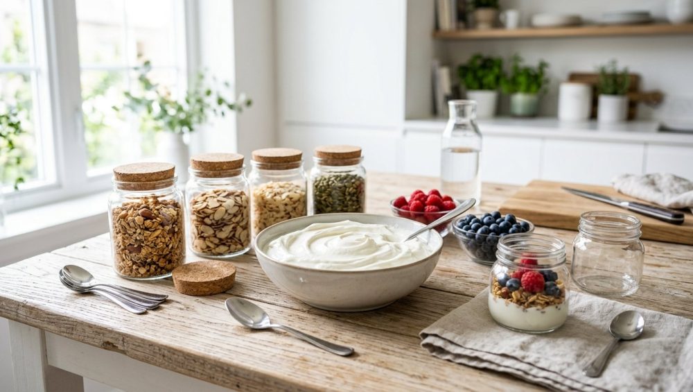 An elegant DIY yogurt parfait station on a sunlit wooden counter, featuring a central bowl of thick Greek yogurt surrounded by glass jars of granola, pumpkin seeds, fresh berries, and empty glasses with spoons.