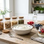 An elegant DIY yogurt parfait station on a sunlit wooden counter, featuring a central bowl of thick Greek yogurt surrounded by glass jars of granola, pumpkin seeds, fresh berries, and empty glasses with spoons.