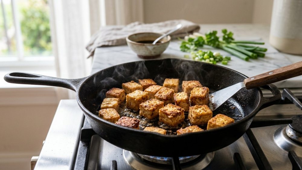 **Alt text:** A close-up photograph of golden-brown, crispy cubed tofu searing in a black cast-iron skillet with gentle steam rising, set in a bright, modern kitchen.