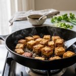 **Alt text:** A close-up photograph of golden-brown, crispy cubed tofu searing in a black cast-iron skillet with gentle steam rising, set in a bright, modern kitchen.