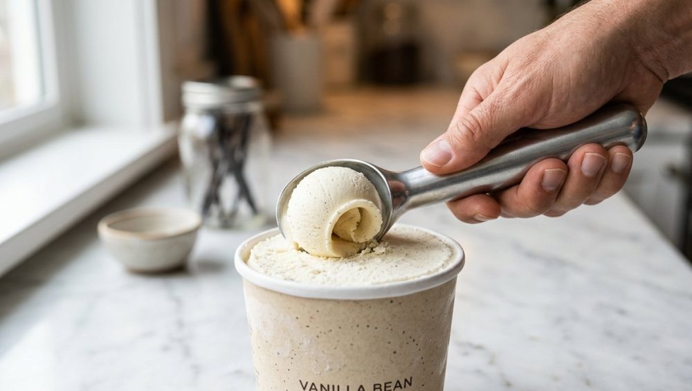 **Alt text:** Close-up of a hand holding a sleek aluminum scoop, effortlessly carving a perfect, smooth curl of vanilla bean ice cream. A subtle glisten of melted cream shows at the scoop's leading edge on a clean white marble countertop.