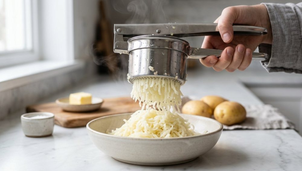 **Alt text:** Close-up of a stainless steel potato ricer extruding fluffy, steaming strands of potato into a ceramic bowl on a bright, modern marble countertop.