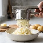 **Alt text:** Close-up of a stainless steel potato ricer extruding fluffy, steaming strands of potato into a ceramic bowl on a bright, modern marble countertop.