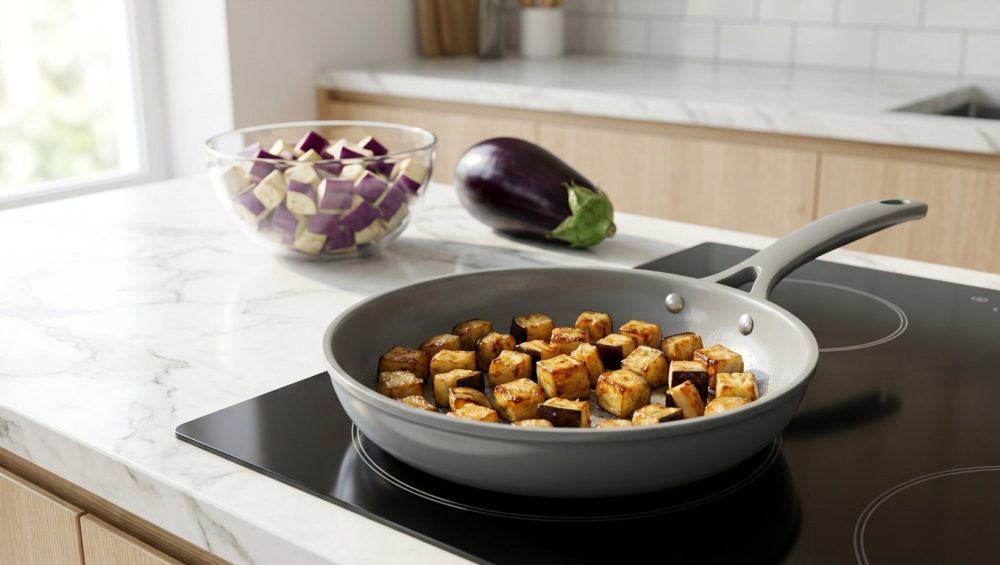 **Alt text:** Golden-brown caramelized eggplant cubes cooking in a modern ceramic skillet on an induction stovetop, with raw purple eggplant in the bright, sunlit kitchen background.