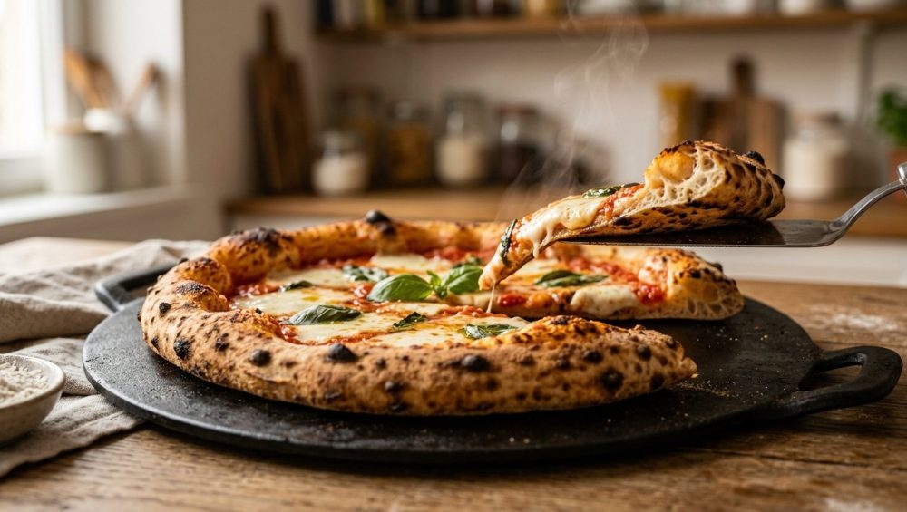 A close-up, low-angle photo of a fresh Neapolitan pizza on a black baking plate. A metal spatula lifts one slice to reveal a charred, blistered crust underside. The pizza is topped with melted mozzarella, tomato sauce, and fresh basil, with steam gently rising.