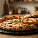 A close-up, low-angle photo of a fresh Neapolitan pizza on a black baking plate. A metal spatula lifts one slice to reveal a charred, blistered crust underside. The pizza is topped with melted mozzarella, tomato sauce, and fresh basil, with steam gently rising.