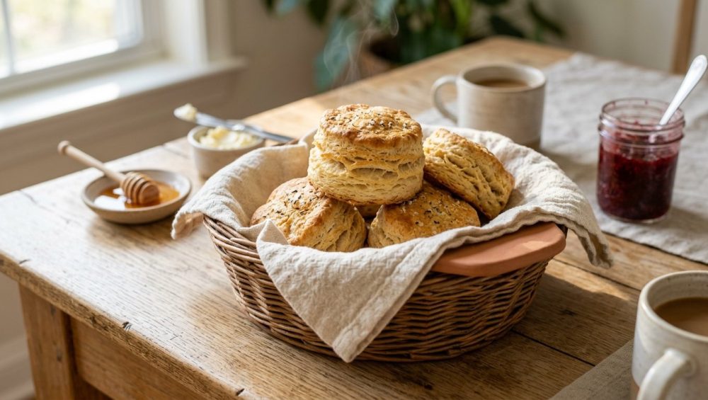 **Alt text:** Warm, flaky Southern-style biscuits inside a rustic woven basket lined with cream linen, with soft steam rising. Bright morning sunlight illuminates the cozy brunch scene, with blurred bowls of honey and jam in the background.