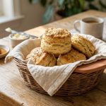 **Alt text:** Warm, flaky Southern-style biscuits inside a rustic woven basket lined with cream linen, with soft steam rising. Bright morning sunlight illuminates the cozy brunch scene, with blurred bowls of honey and jam in the background.