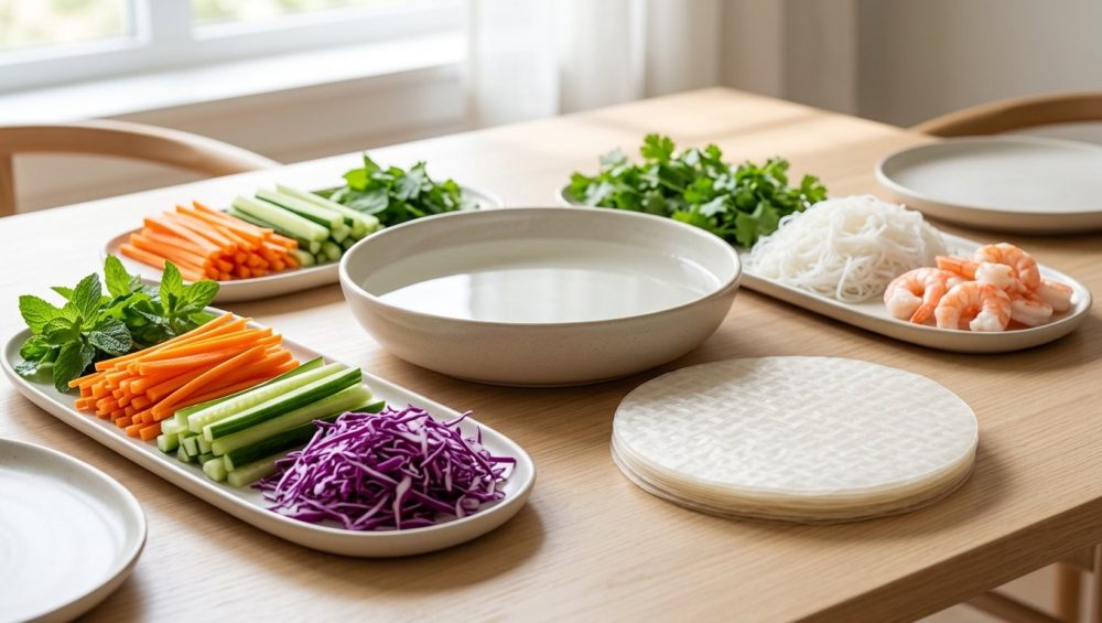 **Alt Text:** A bright, minimalist DIY Vietnamese summer roll station on a light wooden table, featuring a bowl of water, rice paper wrappers, and platters of fresh shrimp, colorful julienned vegetables, and herbs.