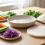 **Alt Text:** A bright, minimalist DIY Vietnamese summer roll station on a light wooden table, featuring a bowl of water, rice paper wrappers, and platters of fresh shrimp, colorful julienned vegetables, and herbs.