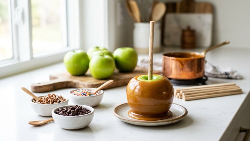 A glossy, caramel-dipped green apple on a wooden stick sits on a bright kitchen counter, surrounded by small bowls of toppings like chopped nuts and sprinkles in soft morning light.