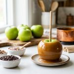 A glossy, caramel-dipped green apple on a wooden stick sits on a bright kitchen counter, surrounded by small bowls of toppings like chopped nuts and sprinkles in soft morning light.