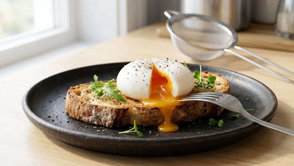 **Alt Text:** A perfectly poached egg, sliced open to reveal a runny golden yolk, resting on a slice of toasted sourdough bread on a ceramic plate. Garnished with cracked black pepper and microgreens in soft morning light.